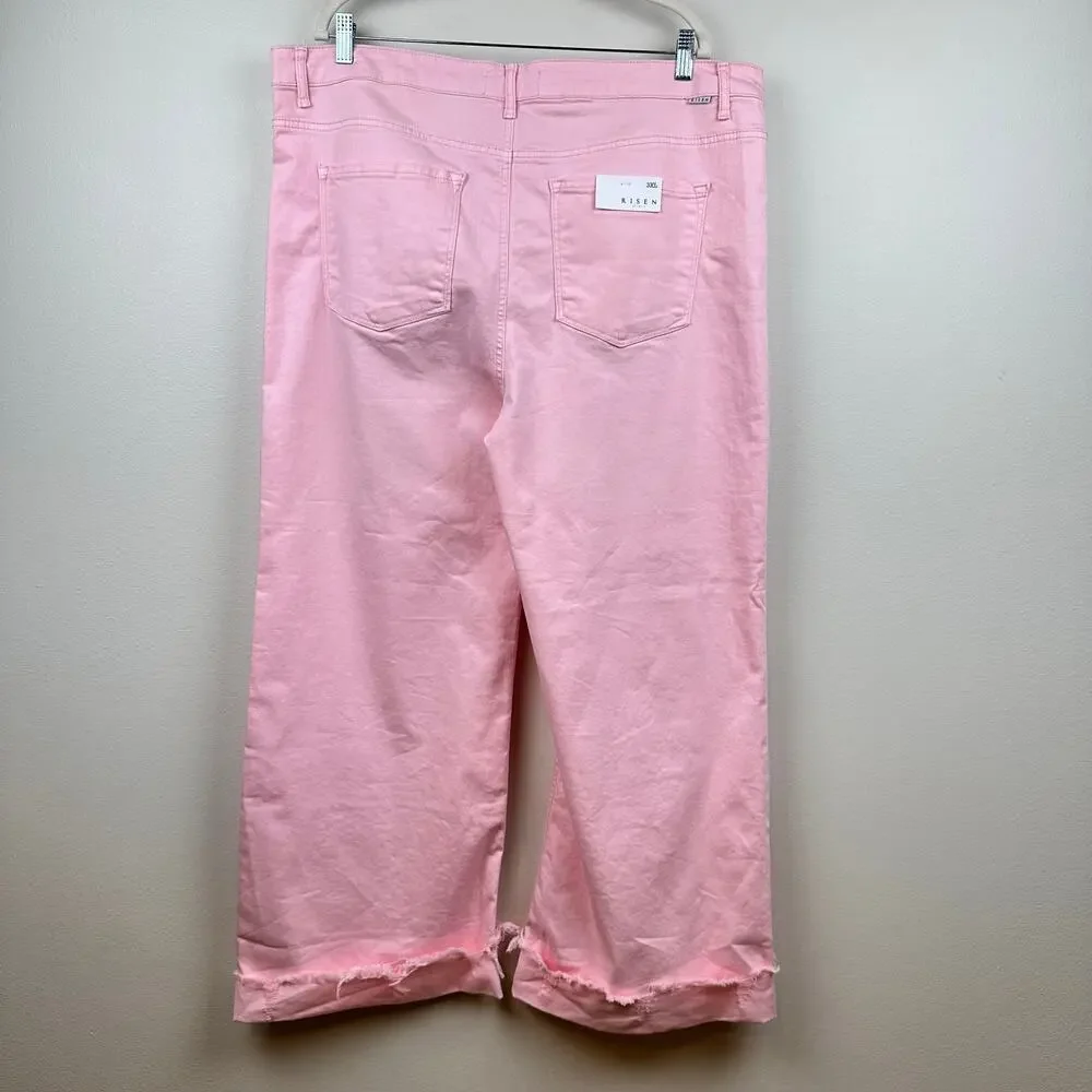 NEW Risen Jeans Wide Leg High Rise Fray Hem Stretch Light Pink 3XL Boho